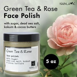 Nabila K Green Tea and Rose Face Polish - Exfoliates, Moisturizes and Nourishes with Sugar, Dead Sea Salt, Kokum Butter, Cocoa Butter & More - Natural Ingredients - Gentle for Most Skin Types - 5 oz