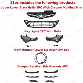 Unbranded 11PC For Elantra 2014-2016 Bumper Upper Lower Chrome Grille Mesh Fog lights  Kit