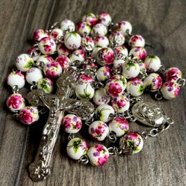 Rosary of Flower Beads, Rosary with the Holy Land of Jerusalem in its Gift Box, Christian Holidays, Easter, Communion, Christening, Confirmation, Birthday, Birth, Protection, Car, Paper