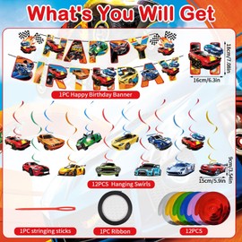 Chukua Car Birthday Decoration Boys Girls Wheels Garland Hanging Decoration Car Birthday Banner Swirl Decorations Car Happy Birthday Banner Decoration for Racing Children's Birthday Party Supplies
