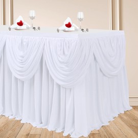 gogoparti White Tutu Table Skirts for Rectangle Tables 9ft Draped Pleated Table Skirt Polyester Tablecloth for Birthday Party Banquet Wedding Baby Shower Table Decorations