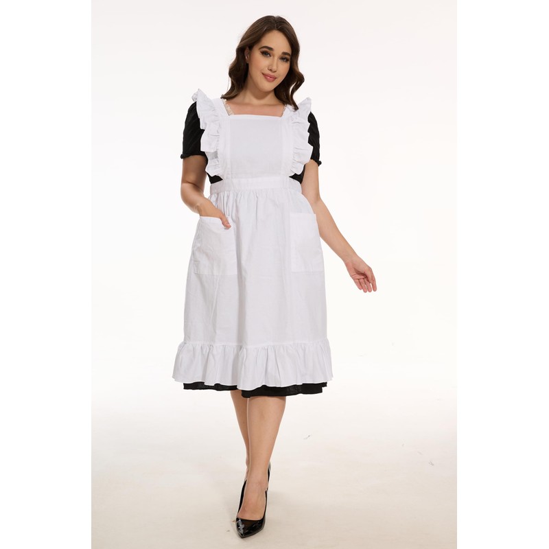 LilMents Long Maxi Cotton Ruffle Apron with Pockets, Small to