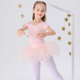 Bezioner Ballet Dress Dance Tutu Cute Skirted Leotard Ballet Dresses Outfits for Girls Cotton Short Sleeve Pink Size 3-4T