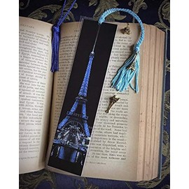 The Eiffel Tower in Blue Paris France Europe at Night City Lights Bookmark w/Gold Tone Tower Charm Fine Art Photography Photo Laminated Handmade Bookmark