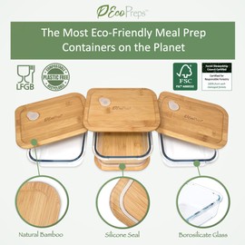 EcoPreps Glass Meal Prep Containers with Bamboo Lids (3 Pack) - 100% Plastic Free, Eco-Friendly Lunch Containers, Bamboo Lid Storage Container Set - Microwave Safe Glass Food Storage Container Set
