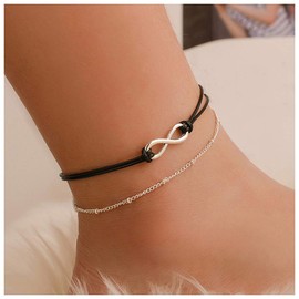 Anglacesmade Bohemia Layered Black Leather Anklet Infinity Knot Charm Pendant Foot Chain Boho Beach Foot Jewelry for Women