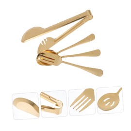 Ciieeo 4pcs Stainless Steel Food Clamp Set with Forks and Spoons Golden Multifunctional Tableware for Dining Parties BBQ Dishwasher Safe Skid Design for Home and Outdoor Use