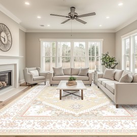 BESTSWEETIE 9x12 Area Rugs for Living Room Washable Non Slip Carpet Low Pile Soft Vintage Print Pattern Rug for Bedroom Dining Room Kitchen Entryway Indoor-Cream/Light Yellow/Brown/Blue/Red/Pink