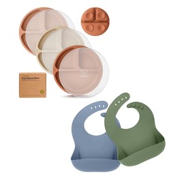 KeaBabies 3-Pack Suction Plates with Lids for Baby and 2-Pack Baby Silicone Bibs - 100% Silicone Suction Plates for Baby, Kids, Toddler Plates, Waterproof, Easy Wipe Silicone Bib for Babies, Toddlers