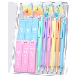 Drawdart Mechanical Pencil Set, 6 Pcs Pastel Mechanical Pencils 0.7mm & 0.5mm with 6 Tubes of HB Lead Refill and 4 Erasers, Cute Aesthetic School Supplies for Writing Drawing Sketching Drafting