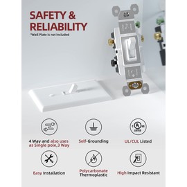 AIDA 3 Way 15 Amp Quiet Indoor Toggle Switch Self-Grounding ON Off Toggle, Residential Grade, UL Listed, Quickwire Push-in & Side Wired (White, 20 Pack)