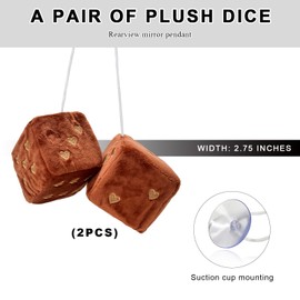 NYTKL Pair Fuzzy Plush Dice for Car Mirror, 3" Retro Square Rearview Mirror Ornament with Heart Shape Pattern, Vintage Hanging Dice Soft Couple Pendant Interior Decor for Women (Coffee)