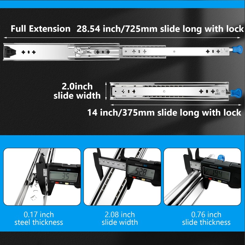 Heavy Duty Locking Drawer Slides 14 Inch, Full Extension Drawer