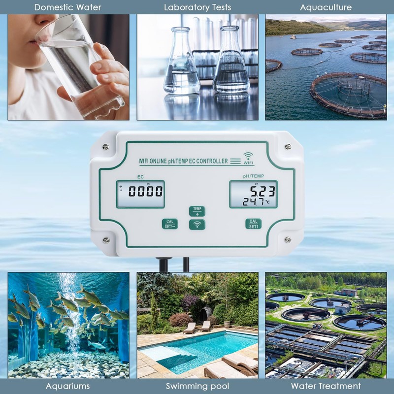 WiFi pH/EC/Temperature Monitor for Hydroponics, Dual Plugs System pH EC