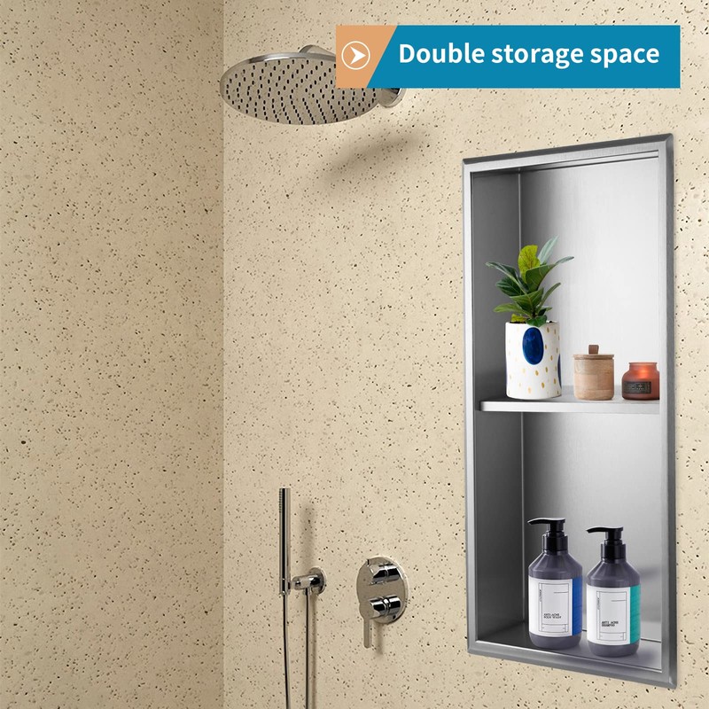 Sanbege 12"×24" Shower Niche with Divider, Brushed Stainless Steel Bathroom