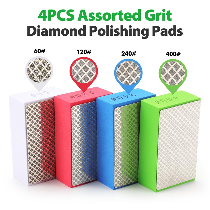 WORKEASE Diamond Hand Polishing Pads, 4PCS Diamond Sanding Block 60/120/240/400