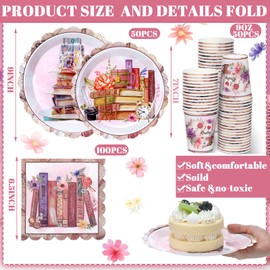 Havawish 250 Pcs Book Club Birthday Party Decorations Vintage Book Theme Library Reading Party Supplies Paper Plates Napkins Cups Disposable Tableware Set for 50 Guests (I Love Reading)