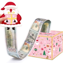 Meiidoshine Pink Christmas Money Box for Cash Gift Pull, Surprise Money Holder for Kids Adults with 100Pcs Transparent Bags - Fun Ways to Give Cash As A Gift for Your Loved Ones