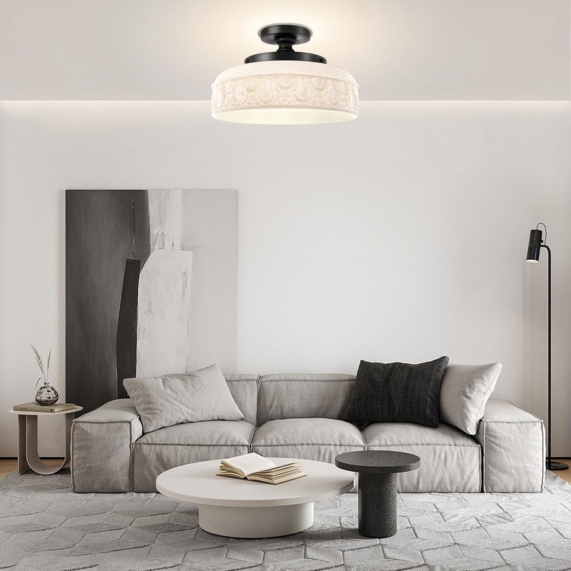 Lamomo Semi Flush Mount Ceiling Light,White Glass Shade Black Hallway