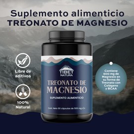 Treonato de Magnesio 500 mg + Colágeno Hidrolizado & BCAA | Suplemento Alimenticio Sin Azúcar | 60 Cápsulas | Mejora Memoria, Enfoque y Músculos | TIBET NATURA