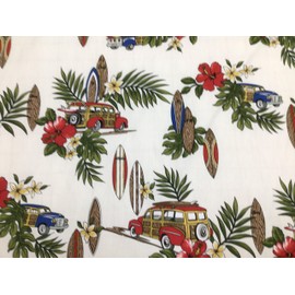 Tropical Woody Surfboard Design in Creme Background Hawaiian Print 100% Cotton Fabric Sold by The Yard