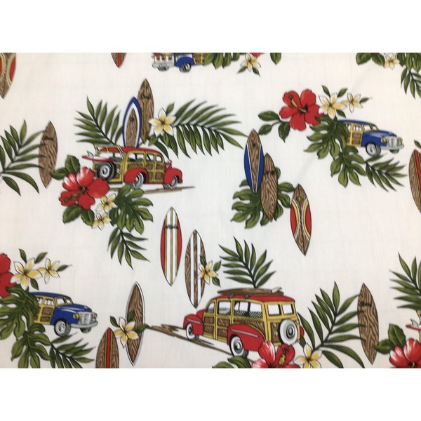 Tropical Woody Surfboard Design in Creme Background Hawaiian Print 100%