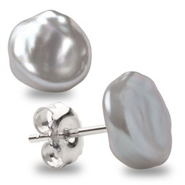 Secret & You Women’s Cultured Keshi Pearl Earrings In White and Grey, 925 Sterling Silver, Available in 10 Sizes from 7-8 mm To 15-16 mm, Silver