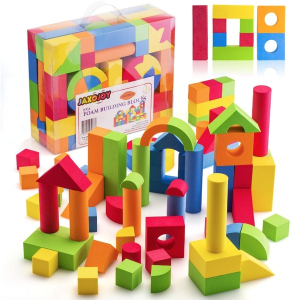 JaxoJoy Foam Building Blocks for Kids- 108 Piece EVA Foam Blocks Gift Playset for Toddlers Includes Large, Soft, Stackable Blocks in Variety of Colors