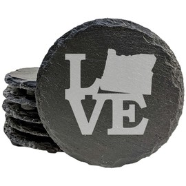 Rustic Slate Coasters Set of 6, Laser Etched 'LOVE' Oregon Design, 4" Round, Natural Chipped Edge, Rubber Feet, Perfect for Holidays, Birthdays, Housewarming, Made in USA