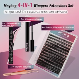 Mayhug Eyelash Extensions Set, Lash Extension Set, 144 Pieces, 3D Eyelashes, 8-18 mm, 48-72 Hold Hours, Waterproof Bond & Seal Eyelash Glue, 5 ml Eyelash Glue Remover, Eyelash Tweezers (Facet)