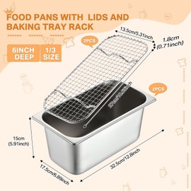 Yaocom 4 Pcs Stainless Steel Food Storage Containers with Wire Rack Set 1/3 Size 6 Inch Hotel Pans Reusable Food Prep Container with Cooling Rack Steam Table Pan for Restaurant Kitchen Freezer Buffet