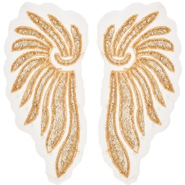 CABODYALS 2Pcs 2 Styles Angel Wings Applique 3D Gold Sequin Lace Appliques Rhinestone Pearl Beaded Large Embroidered Sew on Tulle Patches for Sewing Making Crafts Clothes Bag Dresses Supply