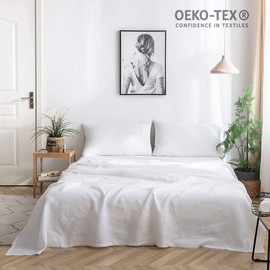 Simple&Opulence 100% Belgian Linen Sheet Set Handmade Hemstitch White Queen Size Bed Sheet-4 Piece (1 Flat Sheet+1 Fitted Sheet+2 Pillowcases)-Natural Flax Farmhouse Bedding