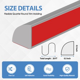 Flexible Quarter Round Molding Peel and Stick Rubber Quarter Round Trim Molding Self Adhesive Wall Corner Trim Molding for Wall Edge Corner Countertop, Gray, 1/2” W x 1/2” H x 240” L