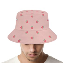 Pink Strawberry Background Unisex Bucket Hat Reversible Fisherman Hat Plant Printed Solid Color Outdoor Sun Hat Packable -