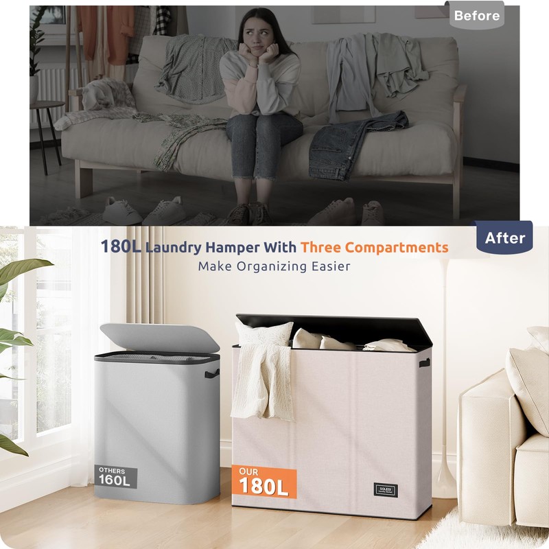 SOLEDI 180L 3-Section Laundry Hamper with Lid, Extra Large Dirty