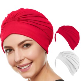 Beemo Women’s Swim Bathing Cap Turban Polyester Latex Lined-2pk WH/RE