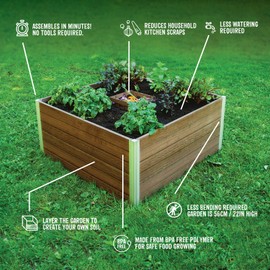 Vita Urbana 4 Foot x 4 Foot x 22 inch Embossed Vinyl Keyhole Garden with Composting Basket, Espresso Brown with Silver Aluminum Posts, PVC, BPA and Pthalate Free, Woodgrain, VT17501