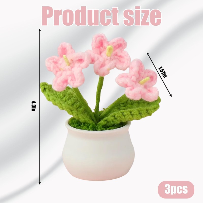 3pcs 4.3inch Crochet Flower Pot, Crocheted Flowers,Knitted Flower Bouquet,Crochet Desk