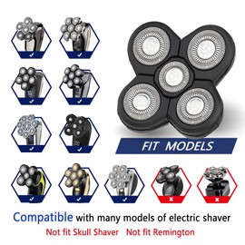 Poripori 5 Blade Head Shaver Replacement Heads, 5 Head Electric Razor Replacement Blade Compatible Many Models Easy to Install, Waterproof Electric Razor Shaver Head for Wet & Dry Bald and Face(Black)