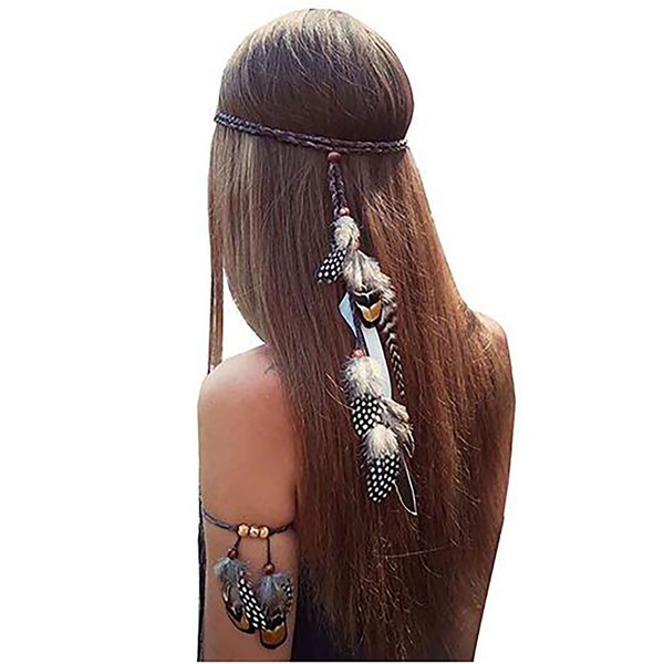 Set of 2 Gypsy Hippie Feather Hair Band Headdress and Bracelet Bohemian with (A#)