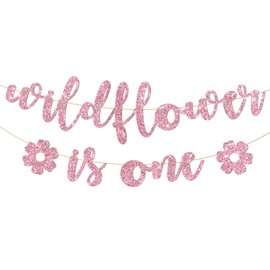 Wildflower is One Banner, Wildflower First Birthday Decorations for Baby Girls, Spring Wildflower Themed 1st Birthday Party Decorations, Pink Glitter