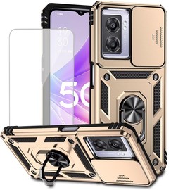 Yodueiv for OnePlus Nord N300 Case, OnePlus N300 CPH2389 Case with Tempered Glass Screen Protector and Slide Camera Cover, Magnetic Ring Car Mount Holder Protective Cover for OnePlus Nord N300 Gold