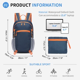SUIKIHUM Hiking Daypack Packable, Camping Backpack Water Resistant Lightweight Polyester for Men Women Travel Outdoor, Dark Blue