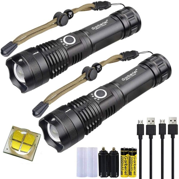 2 Pack LED Rechargeable XHP70 Flashlight 5000 High Lumens Super Bright Waterproof Tactical 5 Modes Zoomable Flash Light Torch with USB Cable for Camping Outdoor Emergency