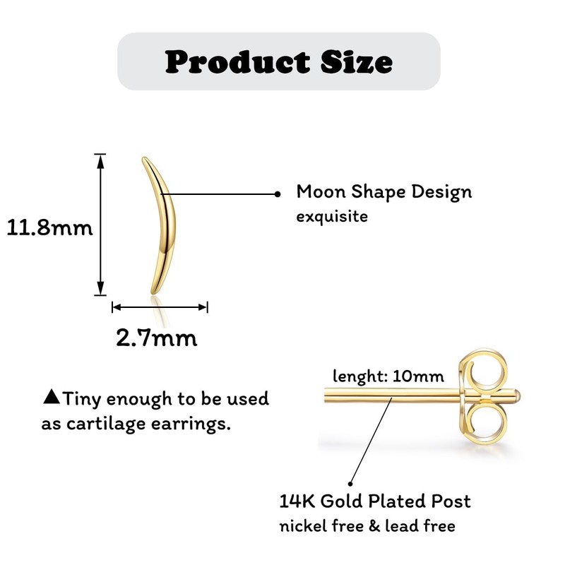 Gold Plated Moon Stud Earrings for Women, Hypoallergenic Cartilage Studs