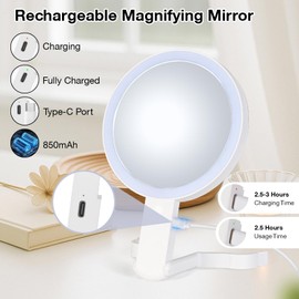 VINATO Specchio Trucco con Luci LED a Doppia Faccia, Pieghevole Specchio Ingranditore 10X con Luce Regolabile, 3 Modalità di Colore, Portatile o Appeso,per Camera da letto Tavolino da toeletta Viaggi