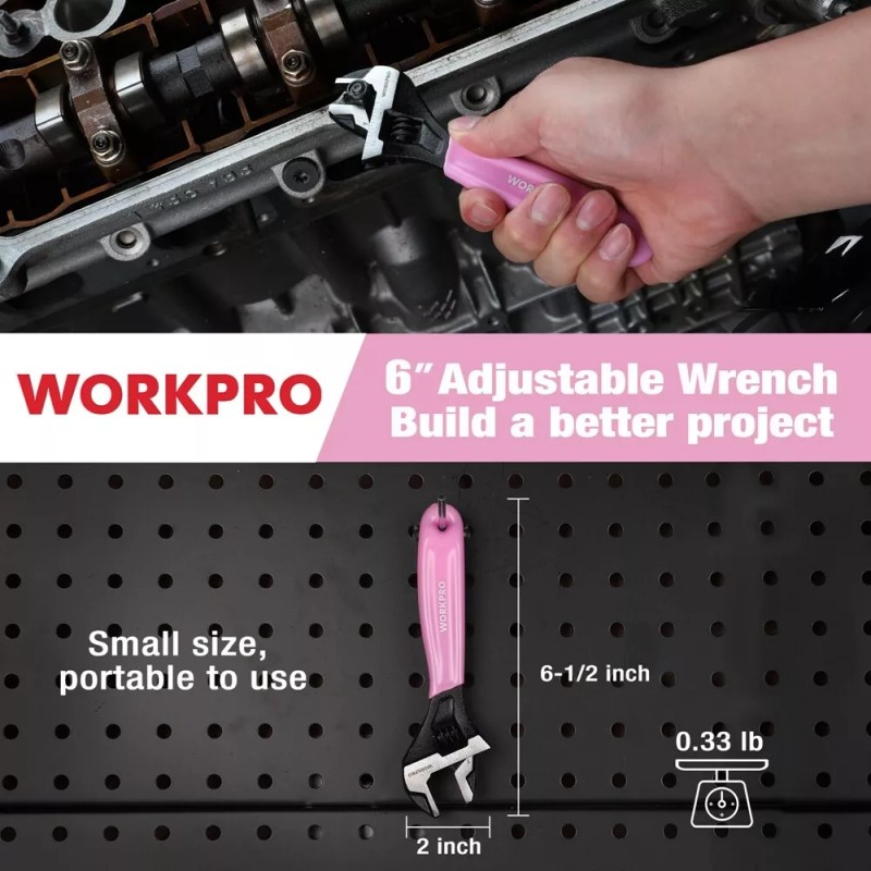 WORKPRO 6-Inch Pink Adjustable Wrench Cr-V Steel Metric & SAE