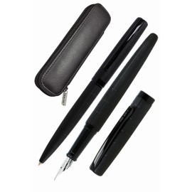 Online Eleganza Writing Set, Includes Ballpoint Pen, Fountain Pen, Genuine Leather Case, Black, 3-Piece Writing Set in High-Quality Gift Box, Fountain Pen for Standard Cartridges