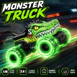 Bugrtarey Remote Control Monster Truck Toys for Kids, 1:18 Scale RC Car with Bright Lights, 2.4GHz All Terrain Vehicle, Dinosaur Toys for Boys and Girls, Birthday for Ages 6+